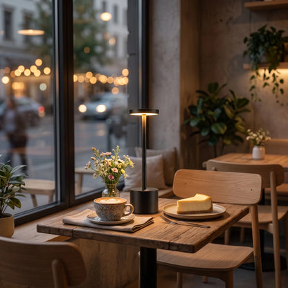 Aesthix Lume Halo gold cordless dimmable table lamp glowing on a cafe by a window with city view at dusk