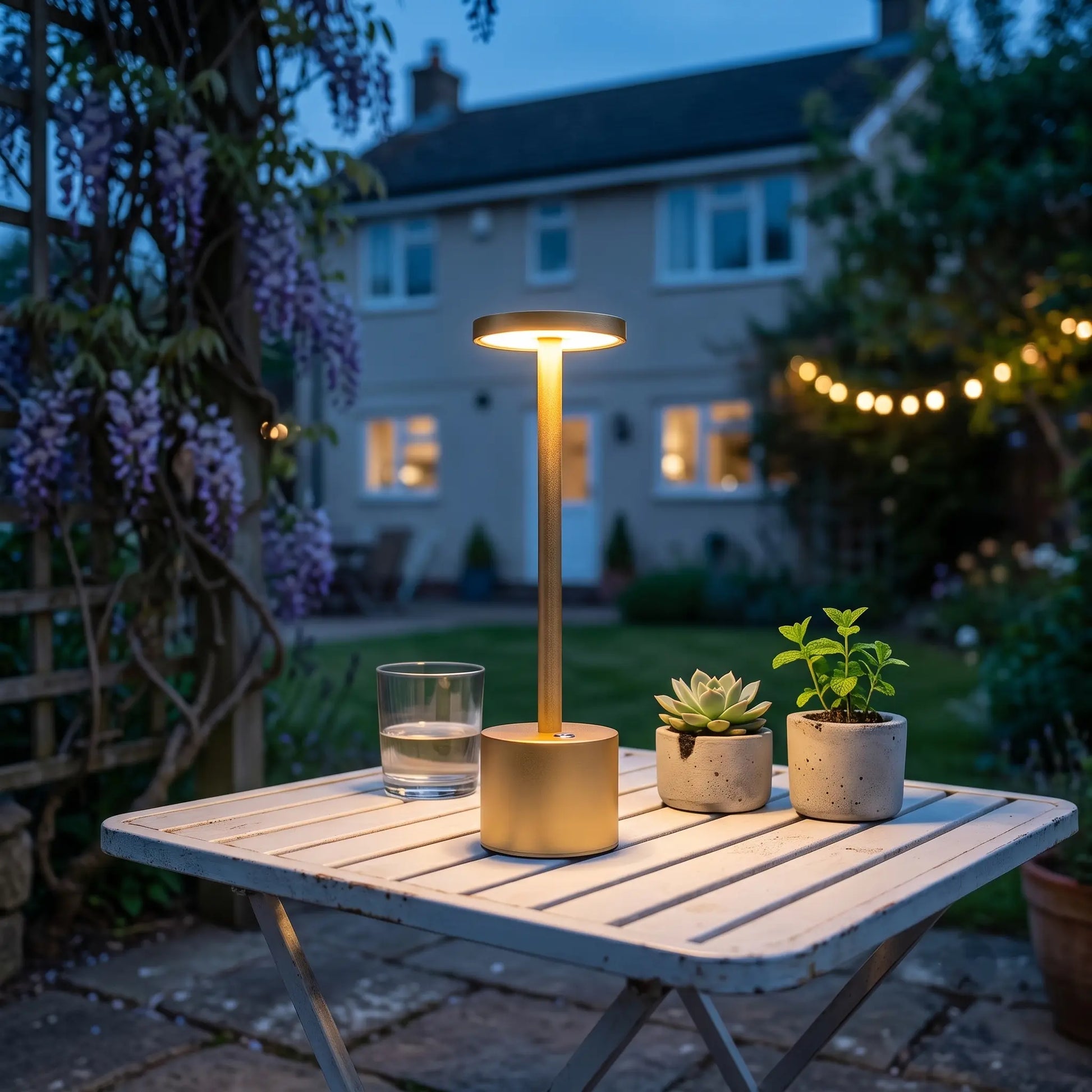 Aesthix Lume Halo gold cordless dimmable table lamp glowing on an outdoor patio table at night