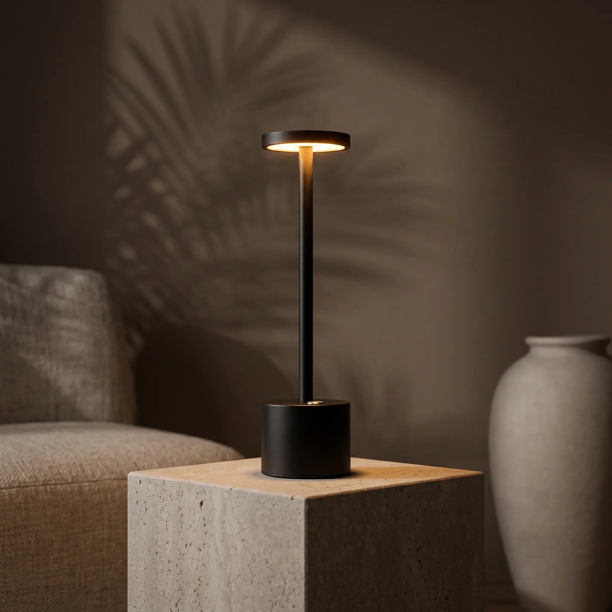 Aesthix Lume Halo black cordless dimmable table lamp glowing beside an armchair with a vase