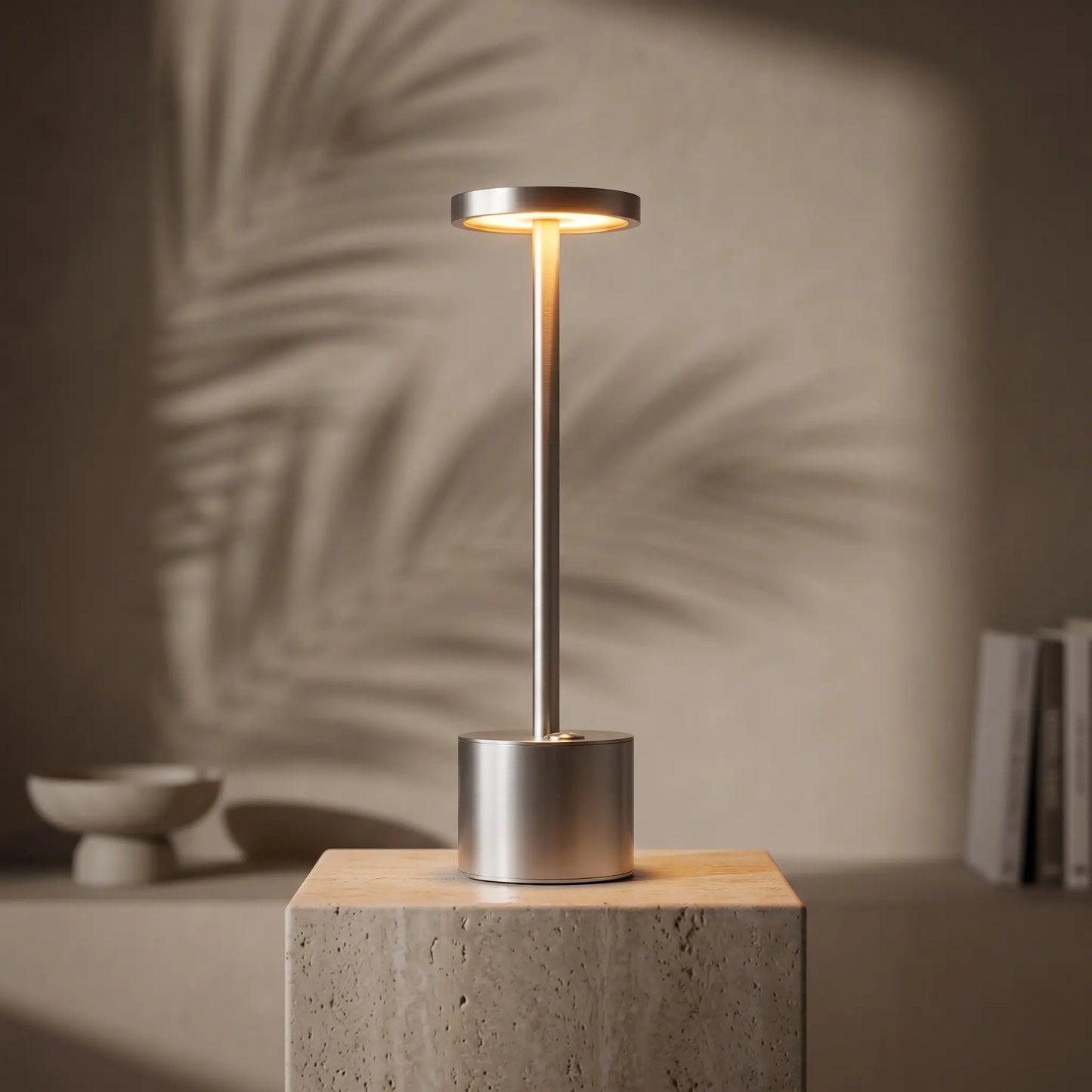 Aesthix Lume Halo silver cordless dimmable table lamp glowing against a wall with leaf shadow