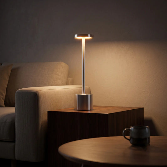 Aesthix Lume Halo silver cordless dimmable table lamp glowing on a side table in a living room