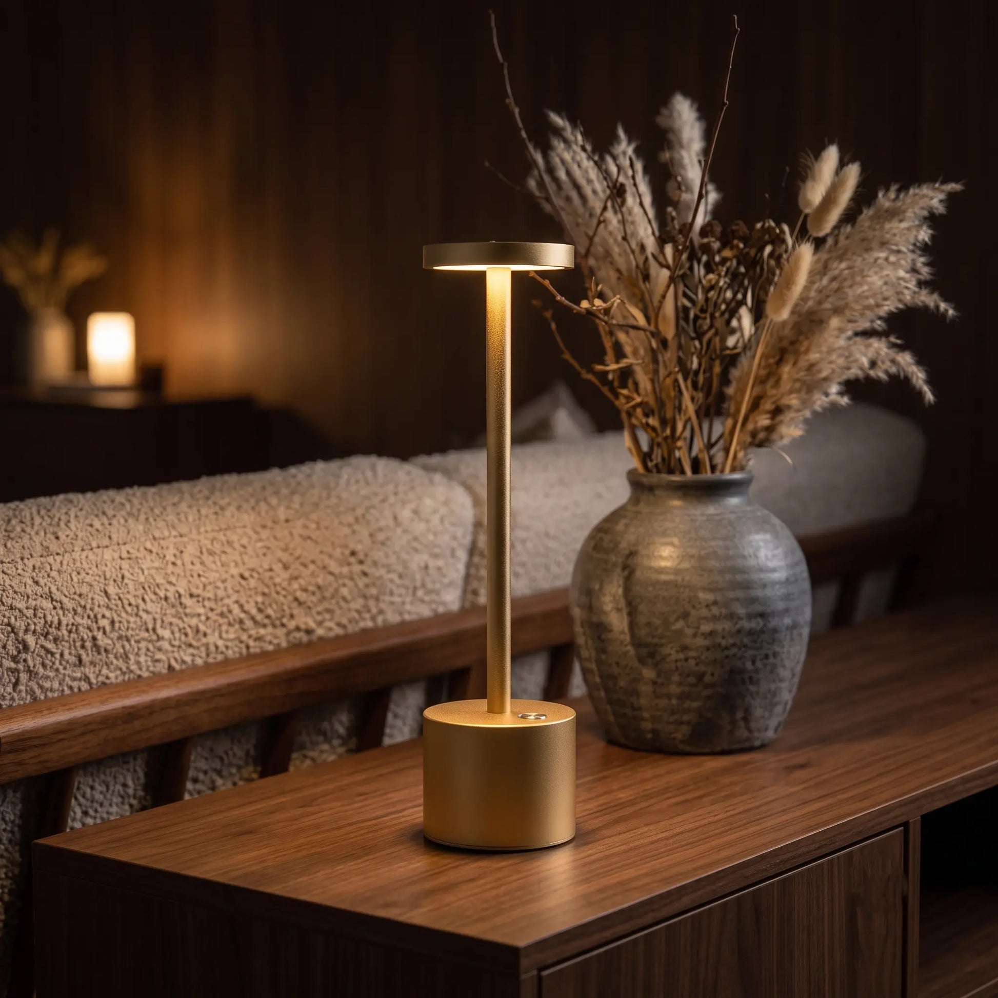 Aesthix Lume Halo gold cordless dimmable table lamp on a floating shelf with dried flower vase