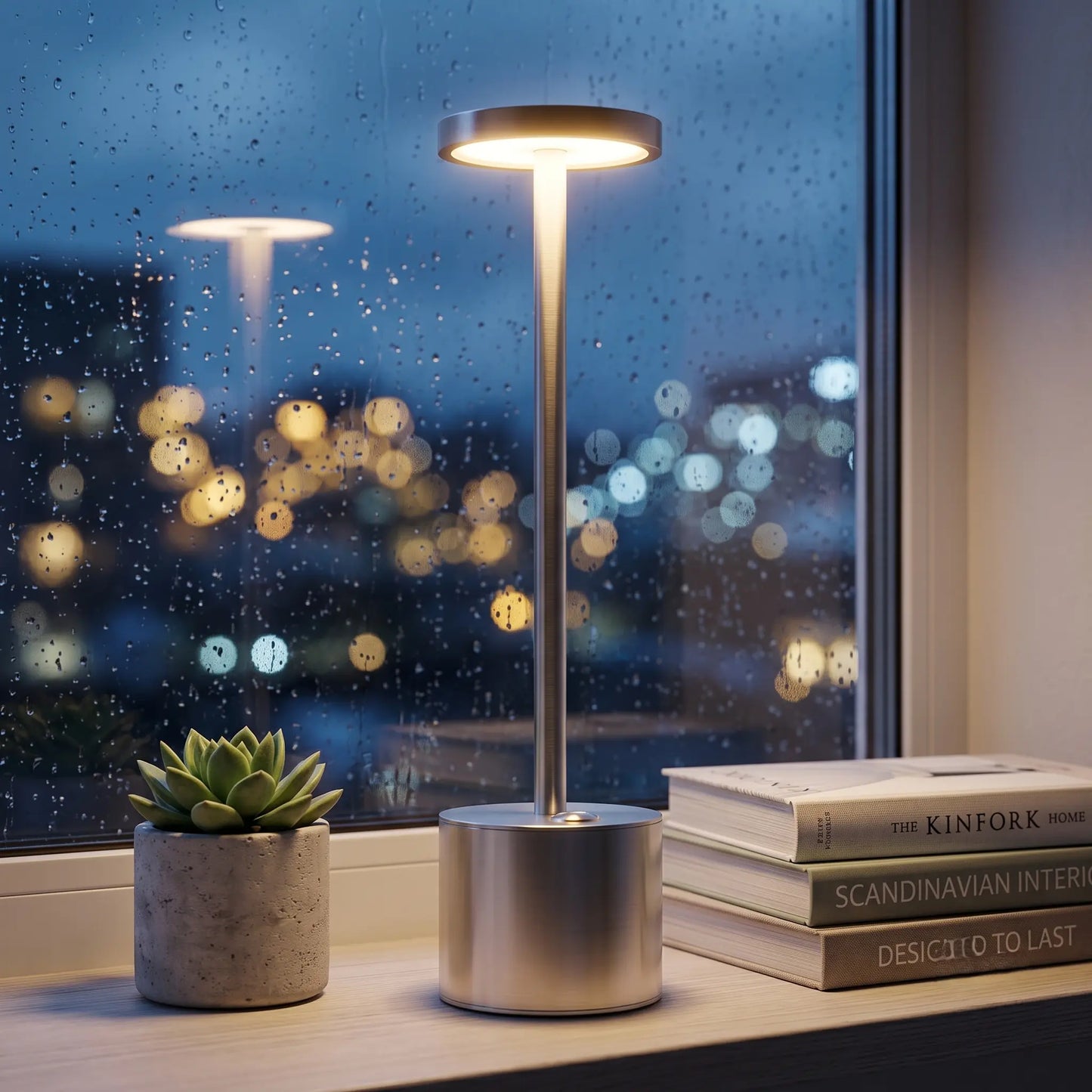 Aesthix Lume Halo silver cordless dimmable table lamp glowing by a window with plants at night