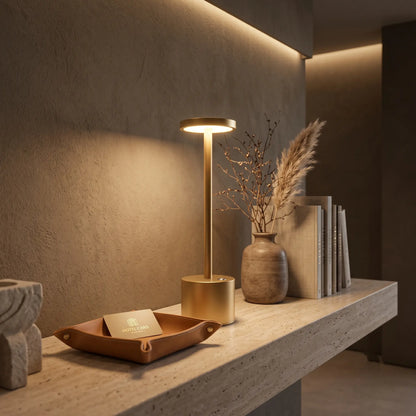 Aesthix Lume Halo black cordless dimmable table lamp on a stone tray shelf with driftwood decor