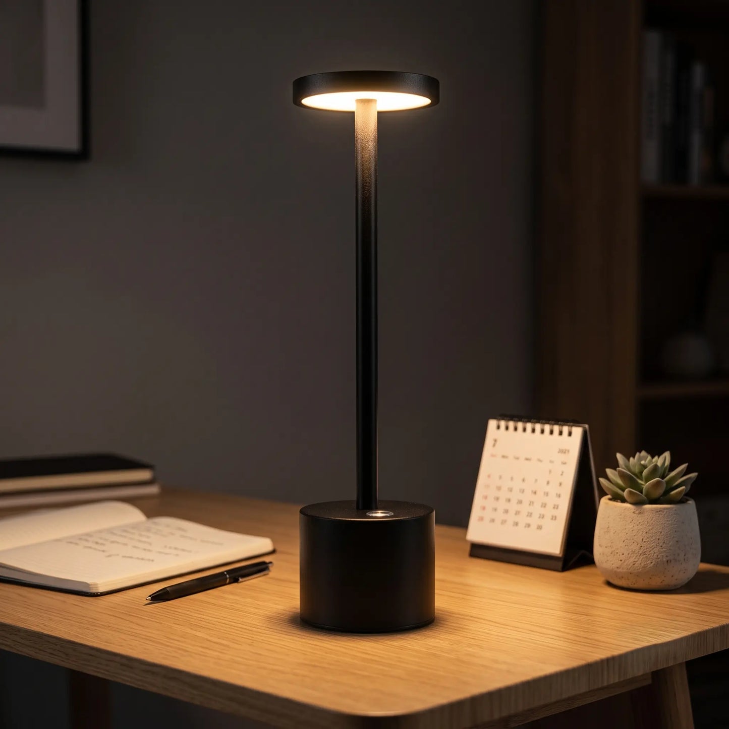 Aesthix Lume Halo black cordless dimmable table lamp glowing on a minimal study table with a book