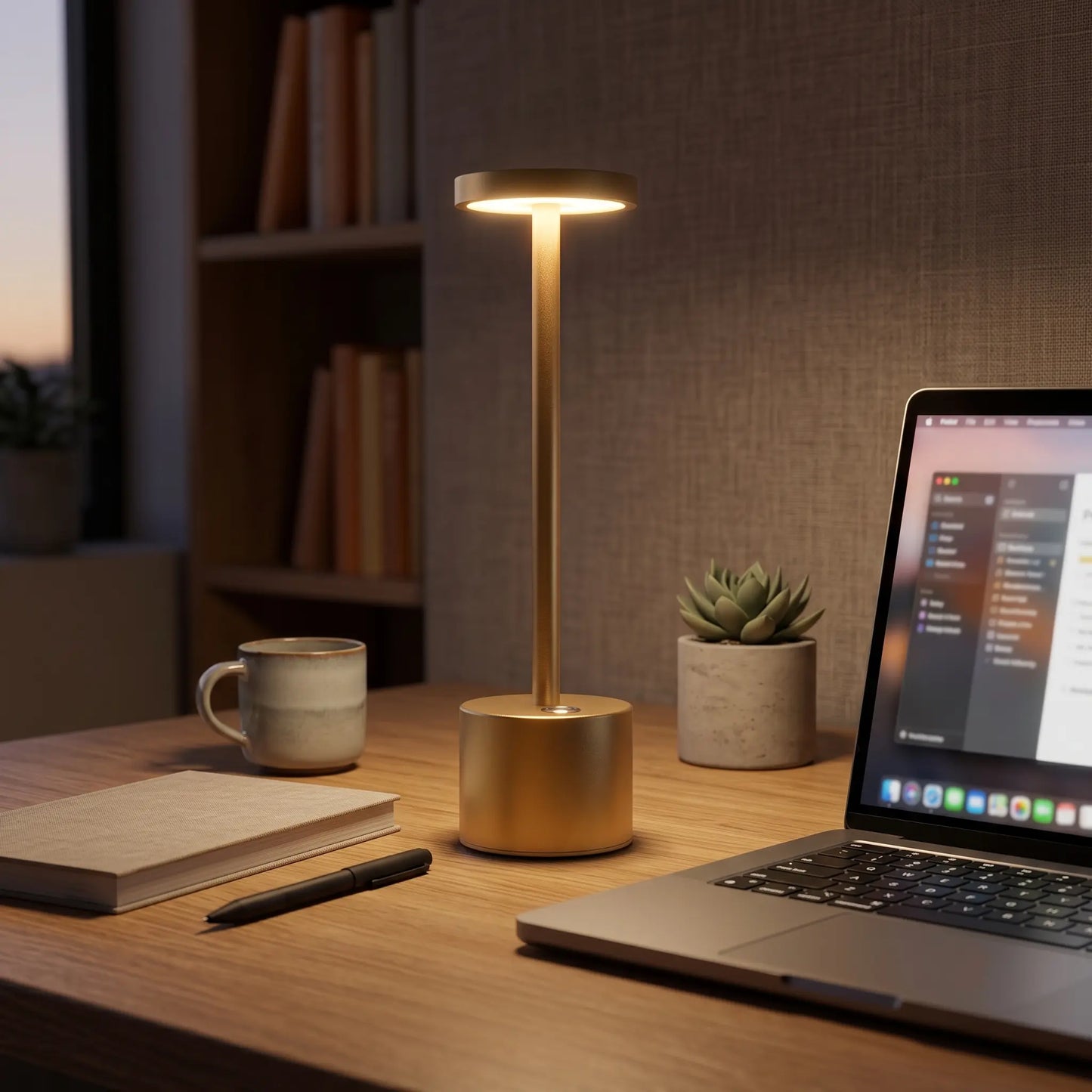 Aesthix Lume Halo gold cordless dimmable table lamp on a desk beside a laptop and coffee cup