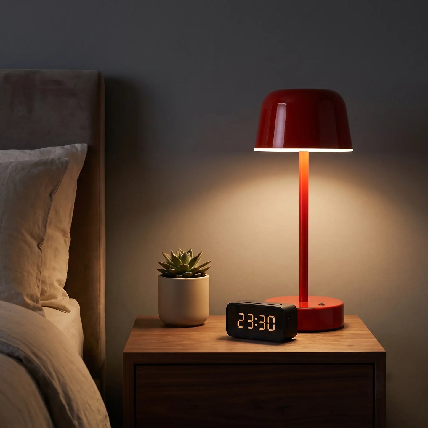 Aesthix Lume Hat wireless touch lamp red finish bedroom nightstand clock succulent plant warm glow UK

