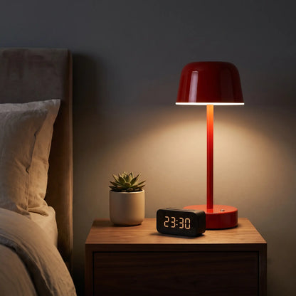 Aesthix Lume Hat wireless touch lamp red finish bedroom nightstand clock succulent plant warm glow UK
