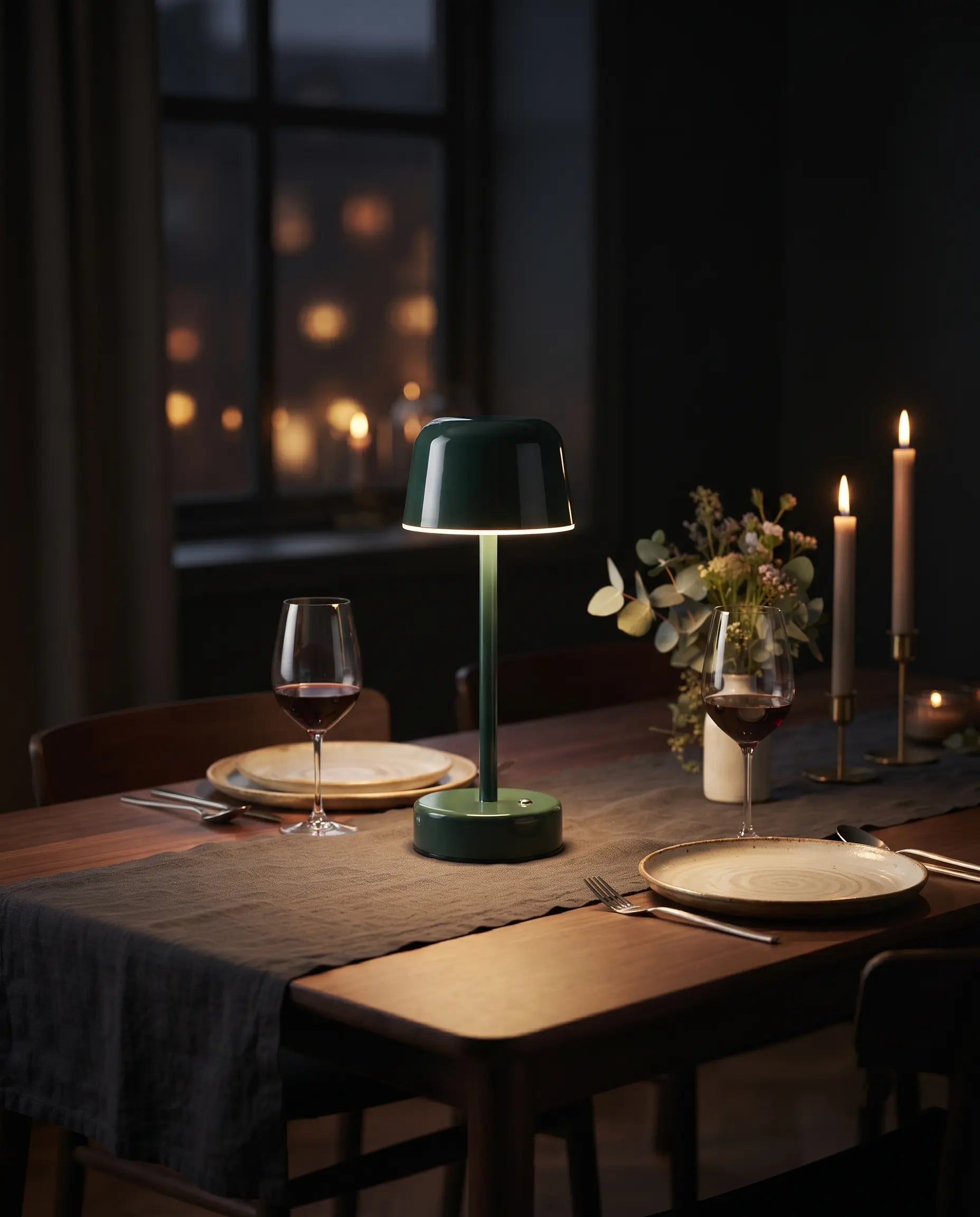 Aesthix Lume Hat wireless touch lamp green finish dining table wine glasses candles romantic dinner UK