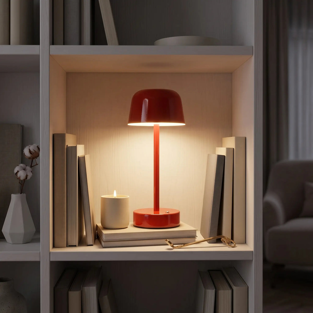 Aesthix Lume Hat wireless touch lamp green finish decorative book shelf with candle  cosy living room UK