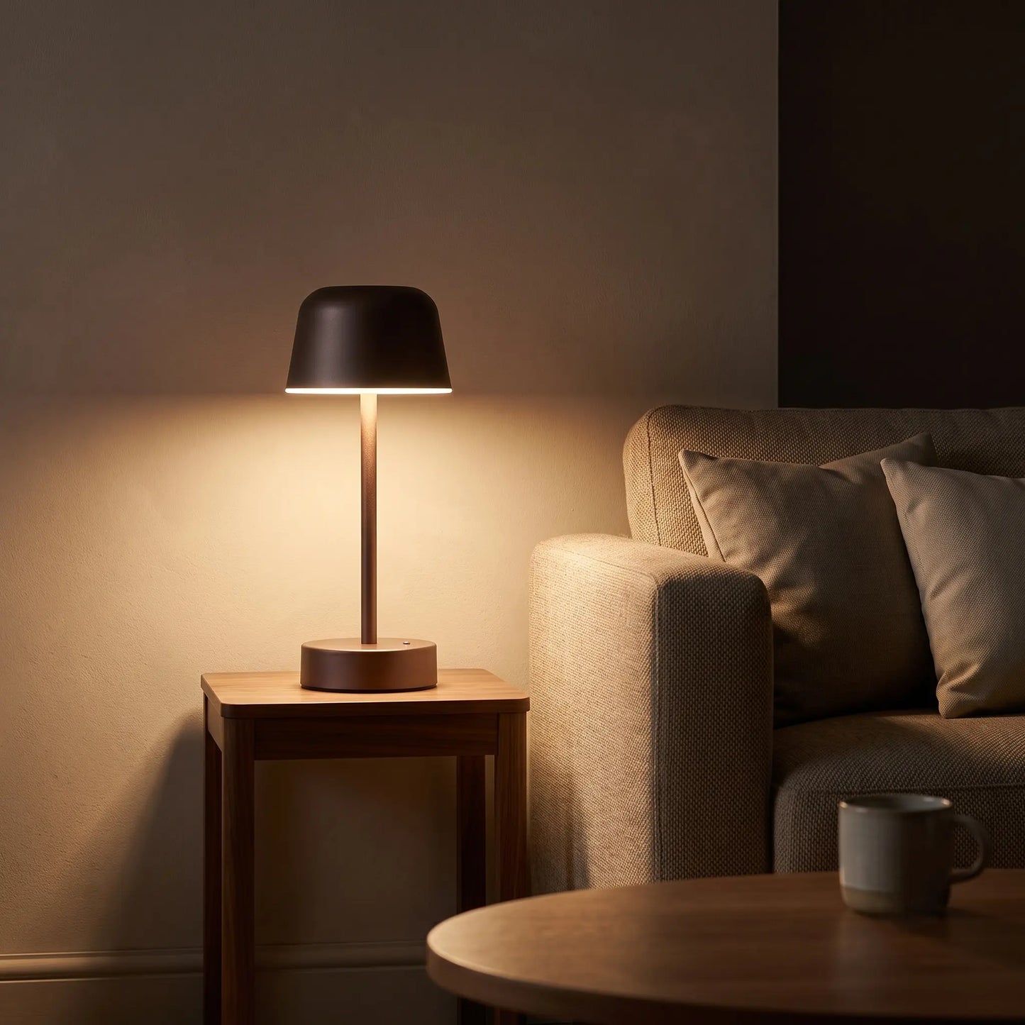 Aesthix Lume Hat wireless touch lamp brown finish wooden side table sofa living room warm ambient light UK