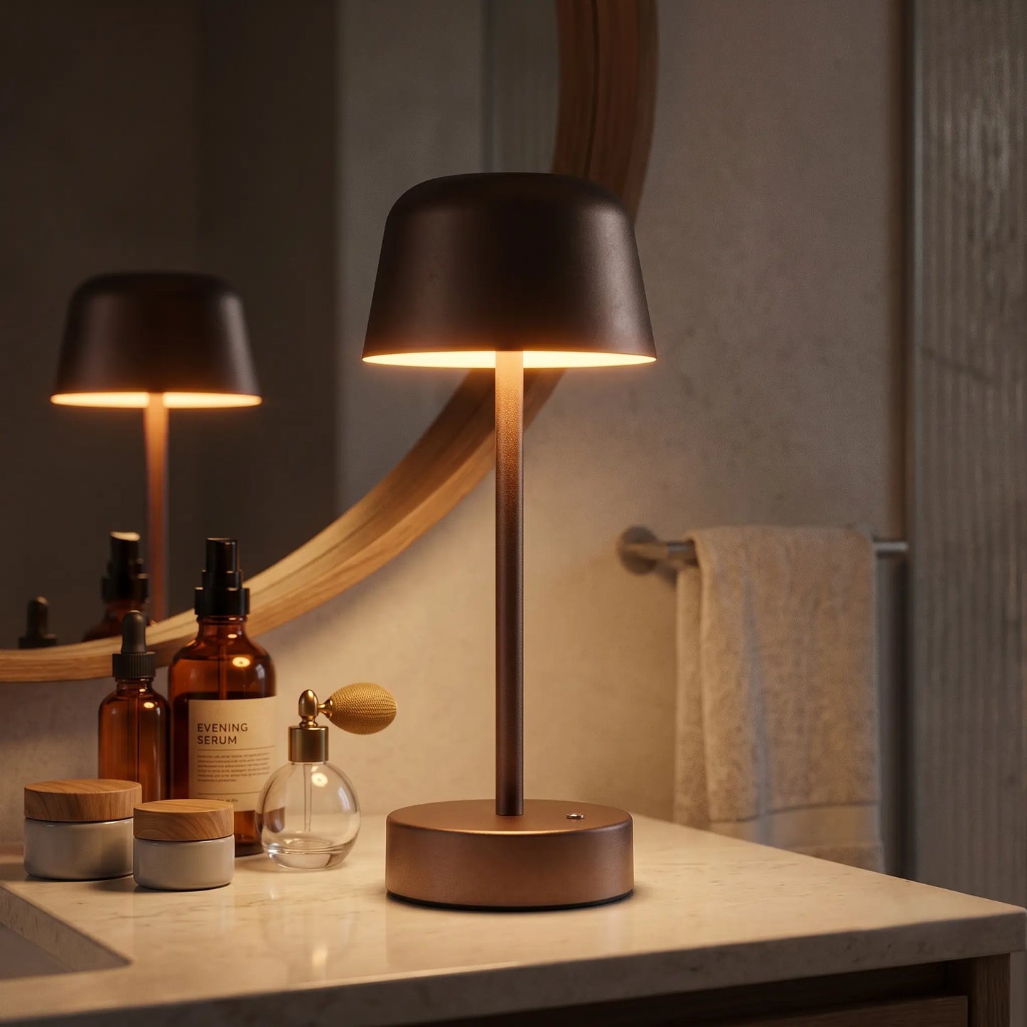 Aesthix Lume Hat wireless touch lamp brown finish bathroom vanity mirror perfume bottles warm glow UK