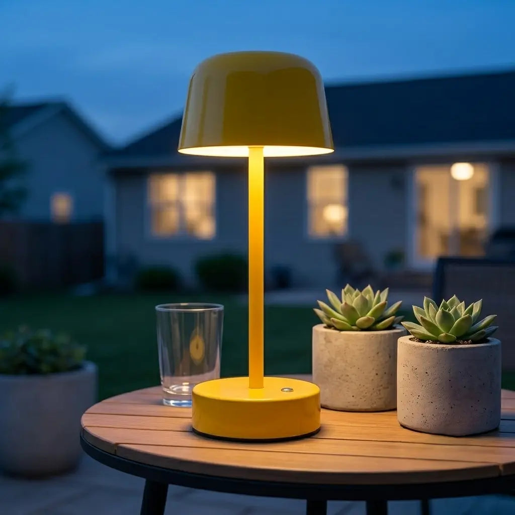 Aesthix Lume Hat wireless touch lamp yellow finish outdoor garden table succulent plants dusk UK