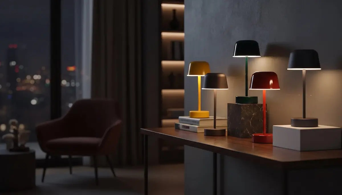 Rechargeable table lamps glowing in a modern living room – Aesthix Lume