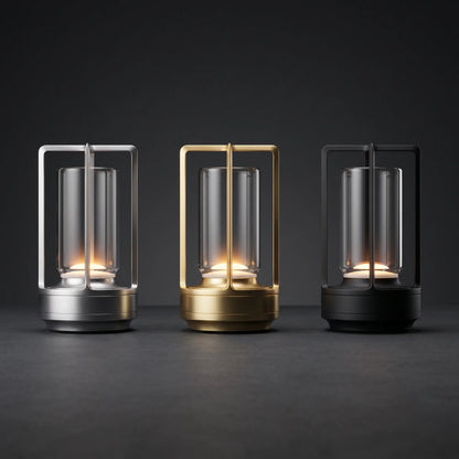Aesthix Lume Luxe glass lantern table lamps in silver, gold and black finishes side by side
