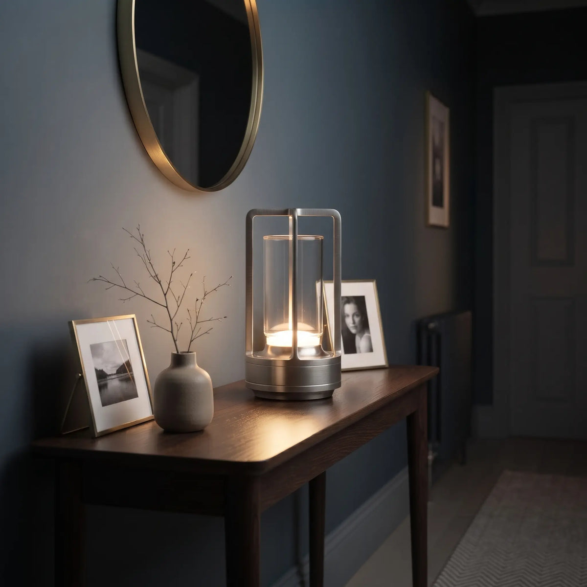 Aesthix Lume Luxe glass lantern lamp silver finish UK hallway console table mirror photo frames vase warm glow