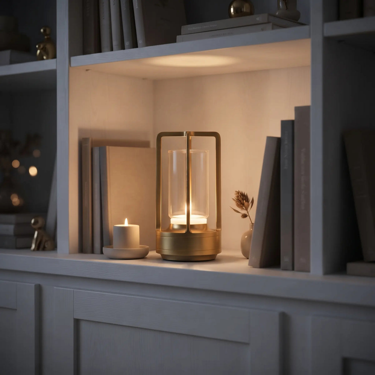 Aesthix Lume Luxe glass lantern lamp gold finish bookshelf books candle vase cozy living room warm light UK