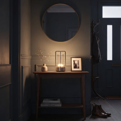 Aesthix Lume Luxe glass lantern lamp silver finish UK hallway console table round mirror photo frame vase warm glow