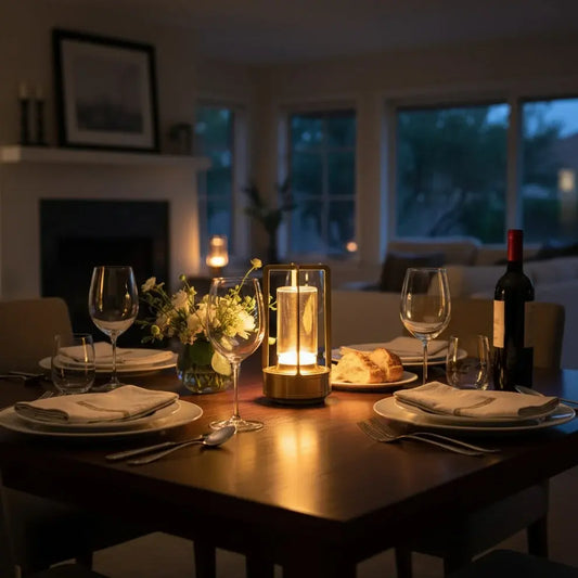 Aesthix Lume Luxe glass lantern table lamp glowing on a dinner table set with plates and wine glasses
