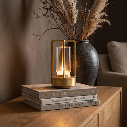 Aesthix Lume Luxe glass lantern table lamp on a wooden console with dried flowers and books
