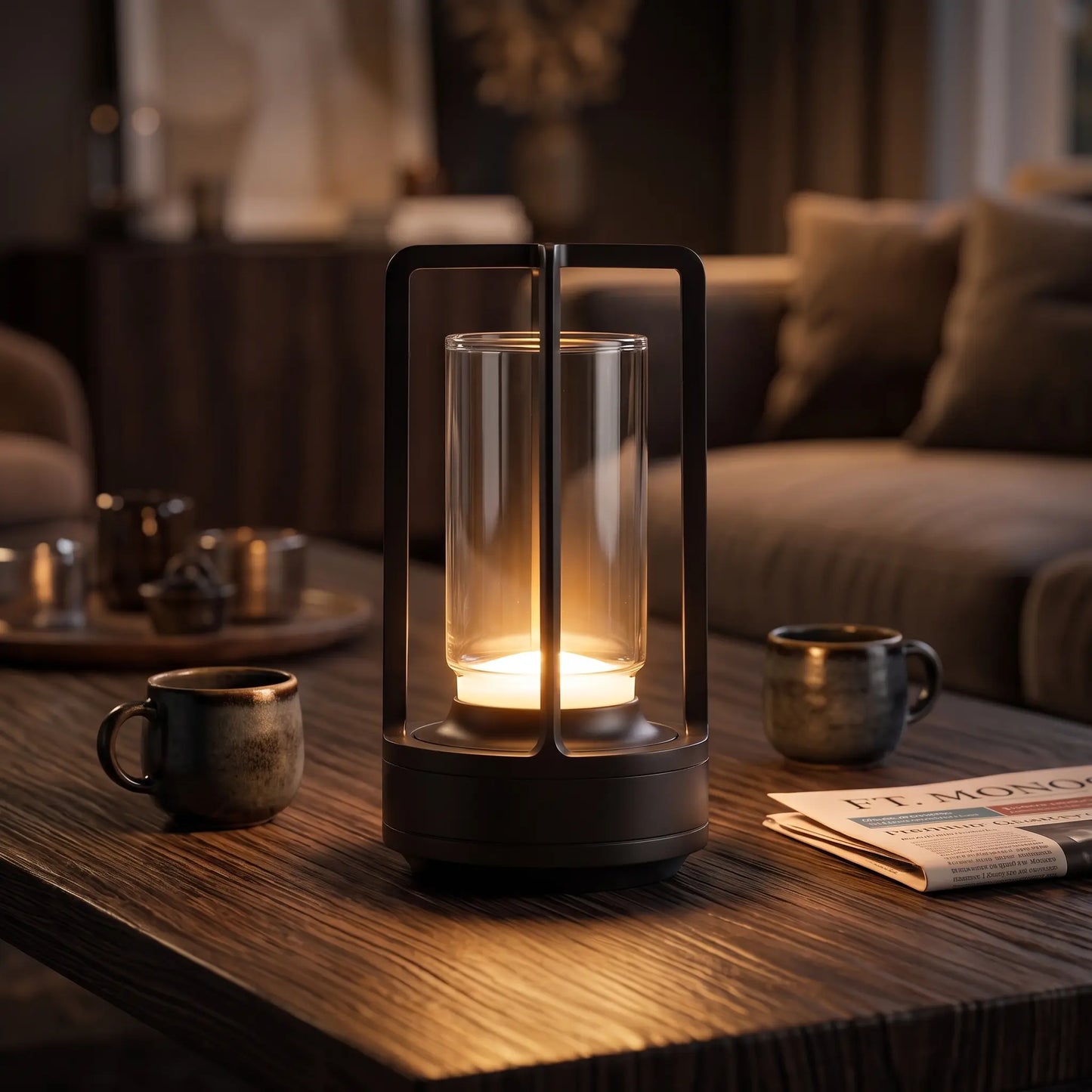 Aesthix Lume Luxe glass lantern table lamp on a coffee table beside a cosy living room sofa
