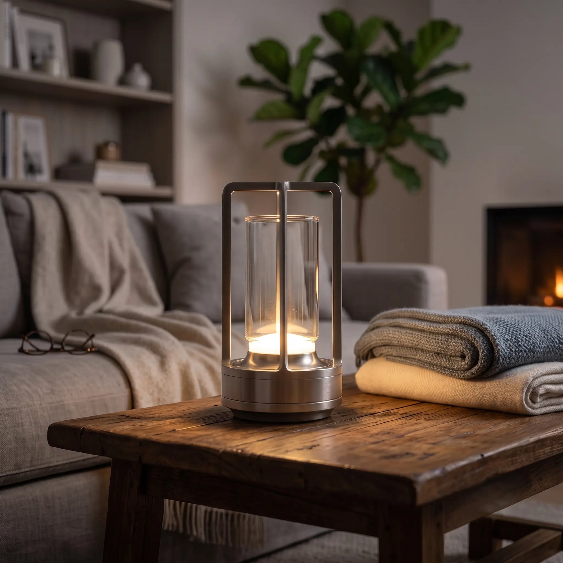 Aesthix Lume Luxe glass lantern table lamp on a wooden side table with a soft throw blanket
