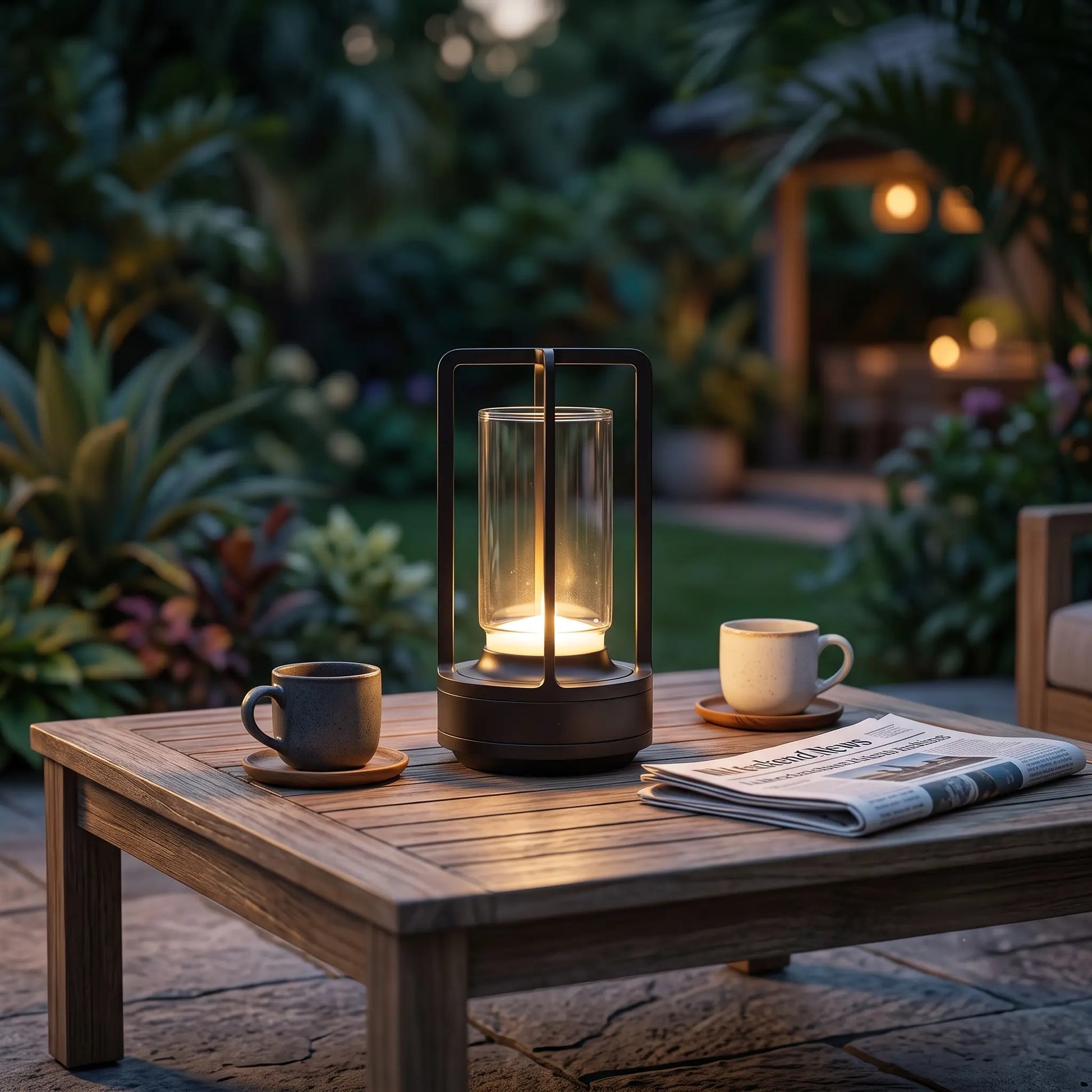 Aesthix Lume Luxe glass lantern table lamp glowing on an outdoor table surrounded by garden greenery at evening