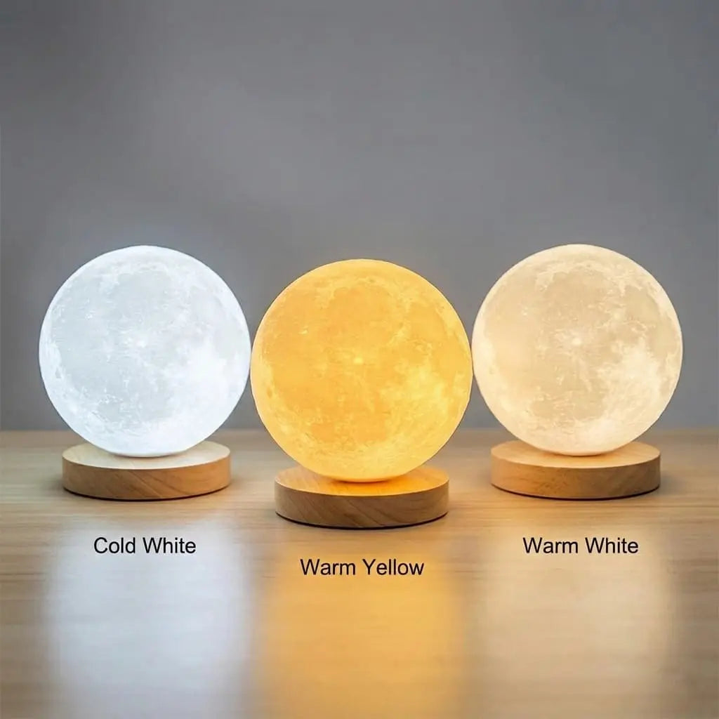 Aesthix Lume Luna moon lamp three brightness comparison cool white warm white warm yellow  wooden base UK 