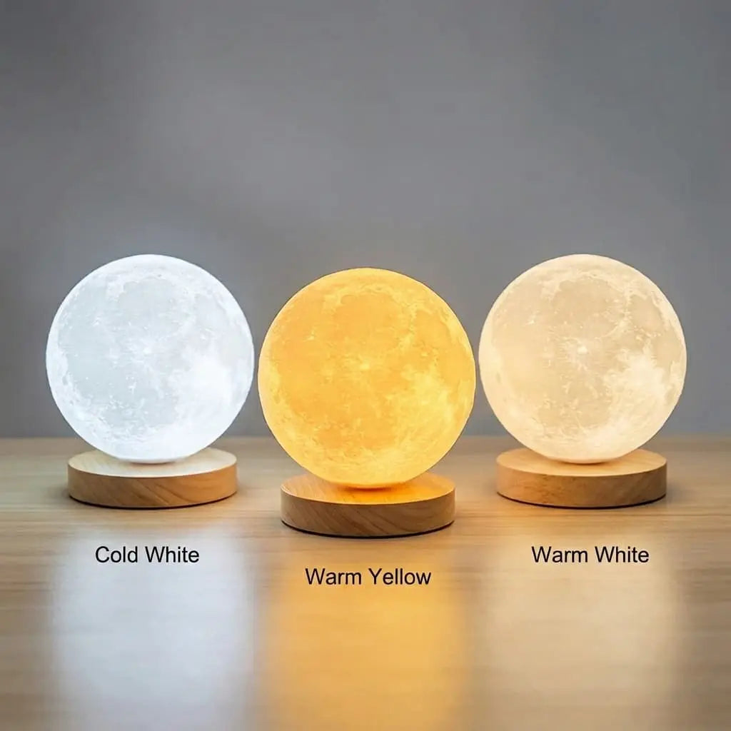 Aesthix Lume Luna moon lamp three brightness comparison cool white warm white warm yellow wooden base UK