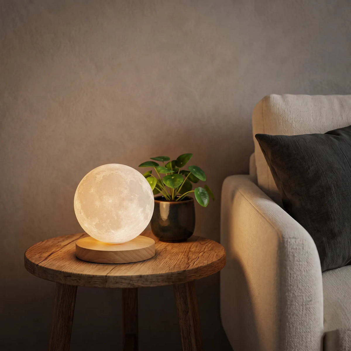 Aesthix Lume Luna moon lamp wooden side table sofa plant cozy living room warm glow UK