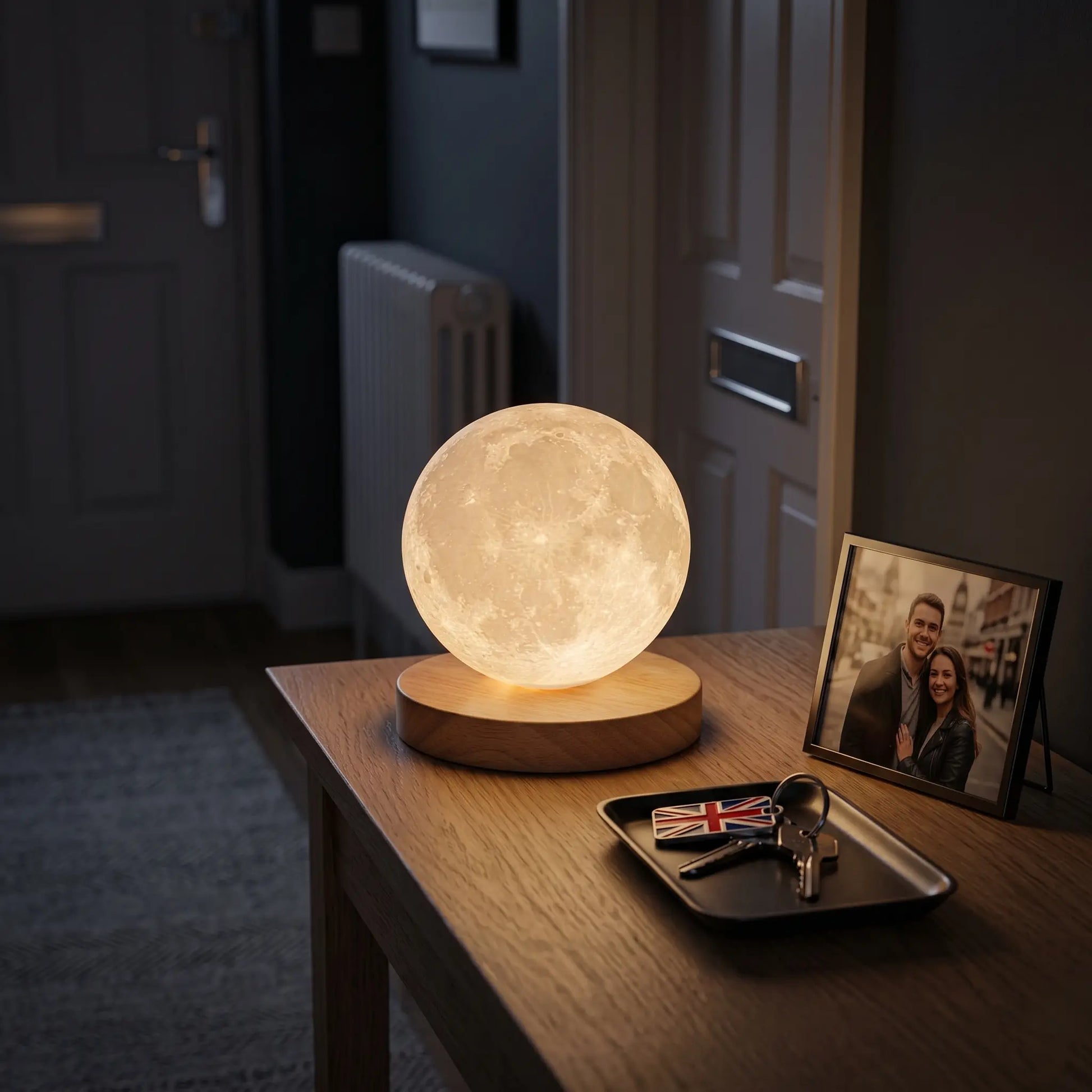 Aesthix Lume Luna moon lamp wooden hallway table photo frame UK flag keys warm night light UK