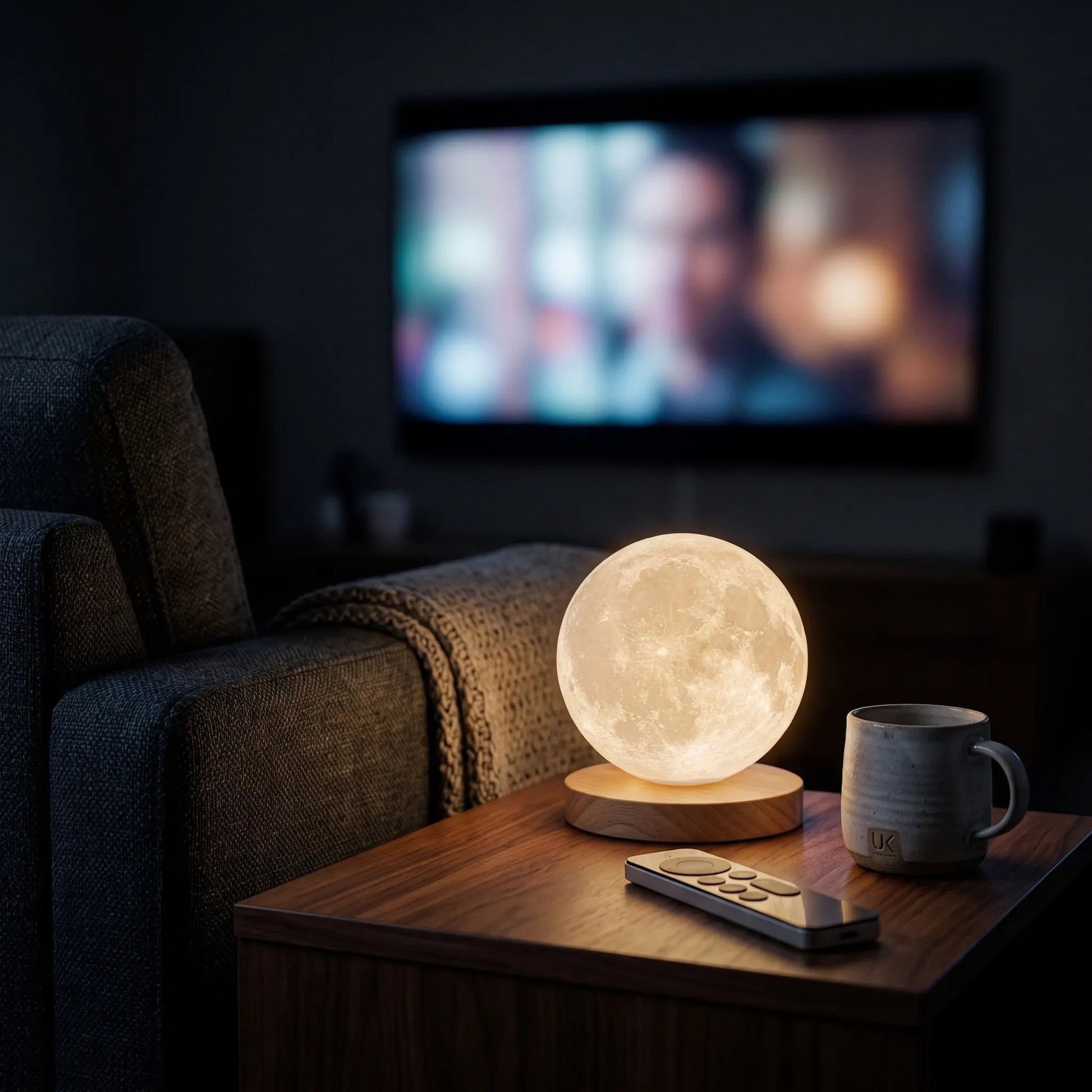Aesthix Lume Luna moon lamp living room side table TV background mug remote warm glow UK