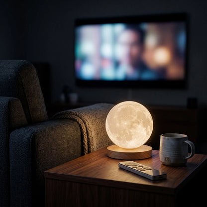 Aesthix Lume Luna moon lamp living room side table TV background mug remote warm glow UK