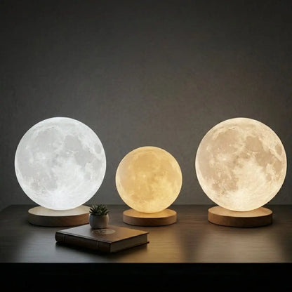 Aesthix Lume Luna moon lamp three colour variants cool white warm white warm yellow wooden base dark room UK