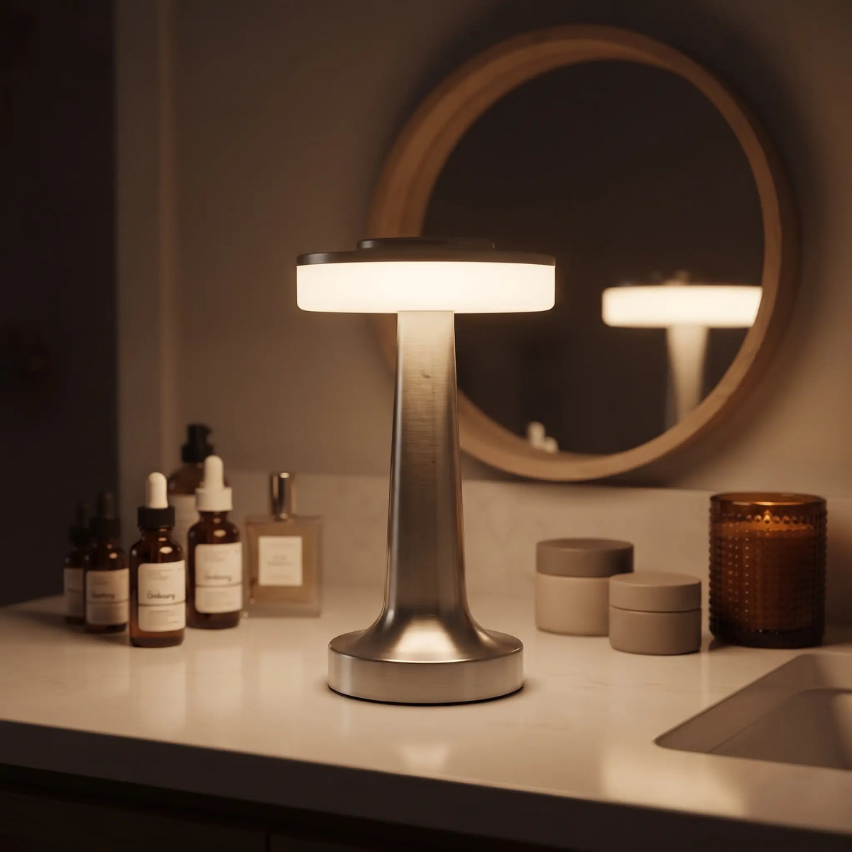 Aesthix Lume Nova cordless touch table lamp silver finish bathroom vanity mirror skincare perfume candle warm light UK