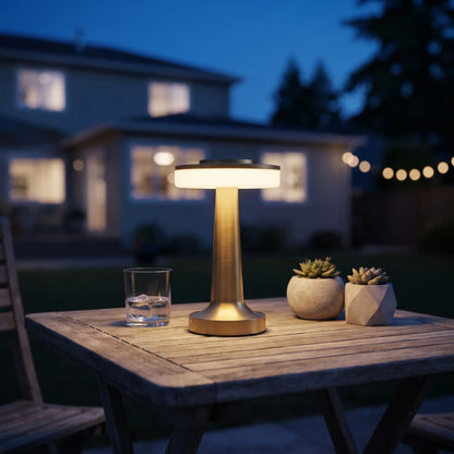 Aesthix Lume Nova cordless touch table lamp gold finish outdoor garden wooden table succulent plants dusk UK