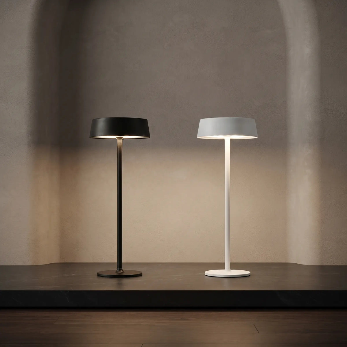 Aesthix Lume Plate Nordic touch table lamps in black and white finishes side by side