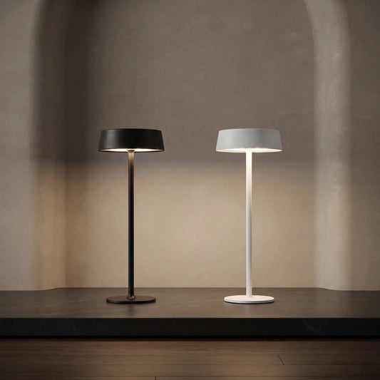 Aesthix Lume Plate Nordic touch table lamps in black and white finishes side by side