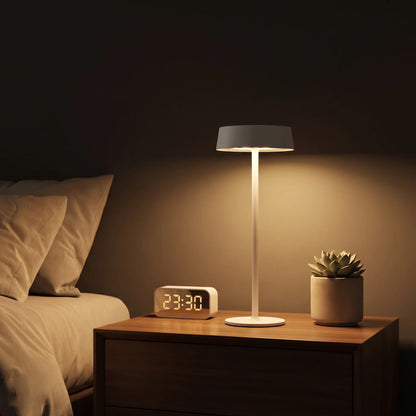 Aesthix Lume Plate white Nordic touch table lamp glowing on a wooden bedside table