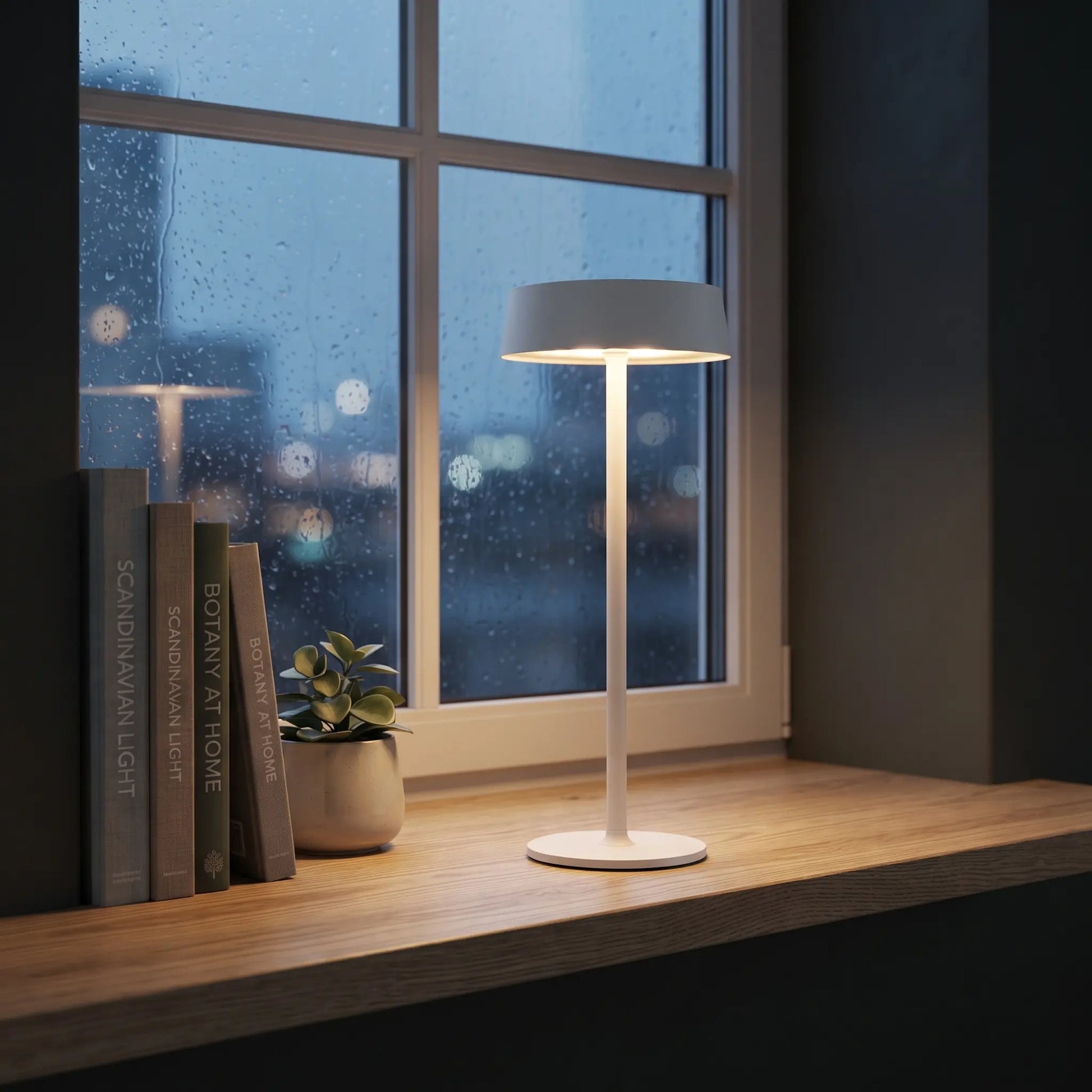 Aesthix Lume Plate white Nordic touch table lamp glowing on a windowsill with a potted plant