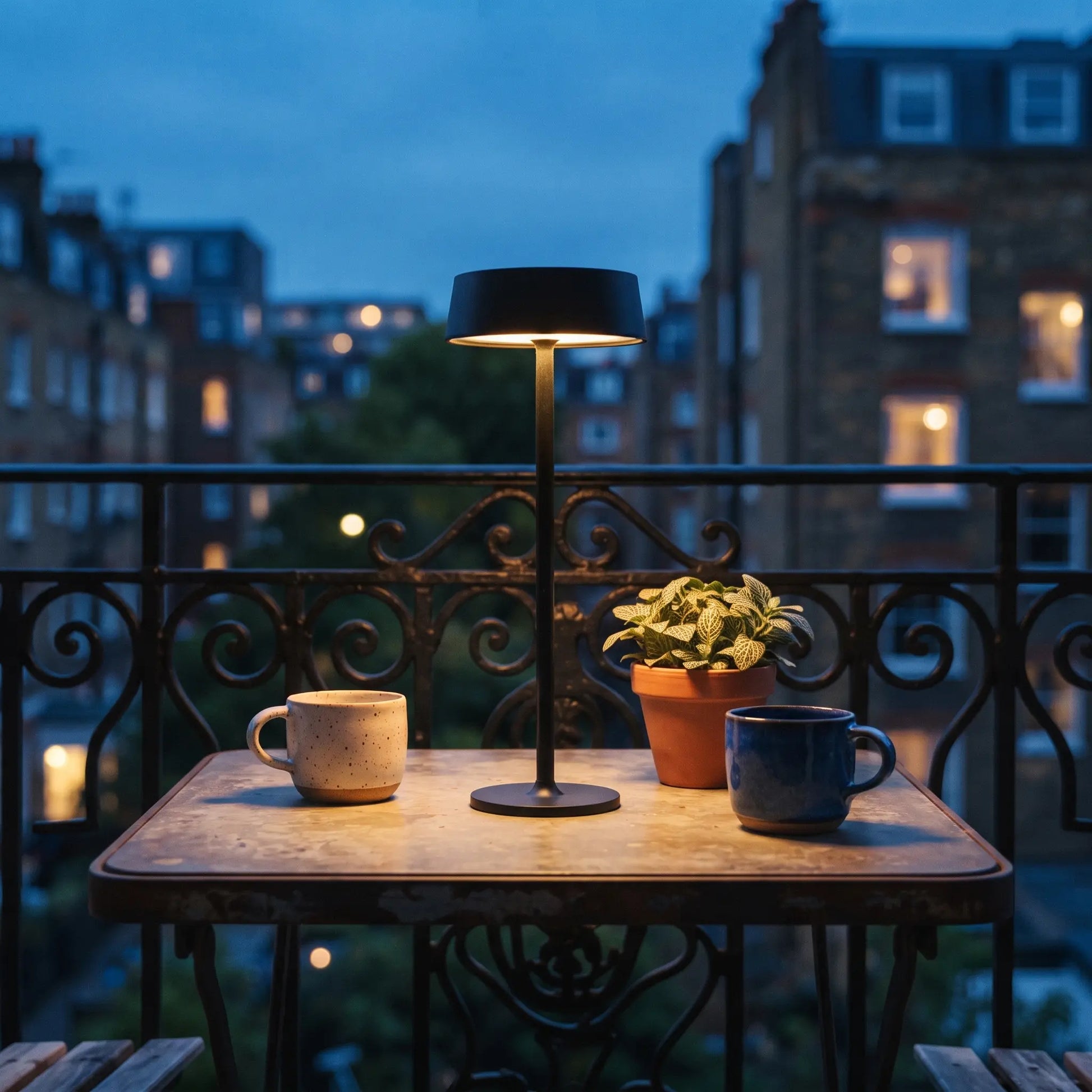 Aesthix Lume Plate white Nordic touch table lamp glowing on a balcony table at dusk