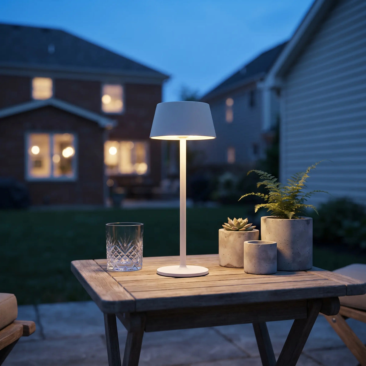 Aesthix Lume Plate white Nordic touch table lamp glowing on an outdoor patio table with mugs and flowers