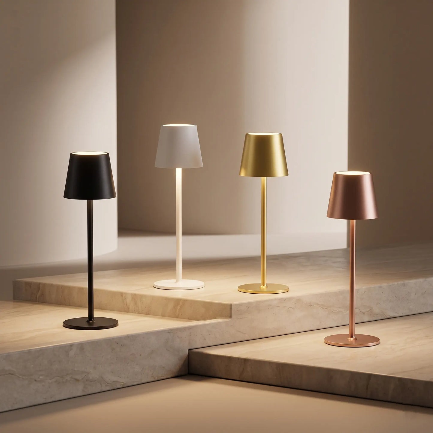 Aesthix Lume Poise rechargeable waterproof table lamp four colour variants black white gold rose gold UK