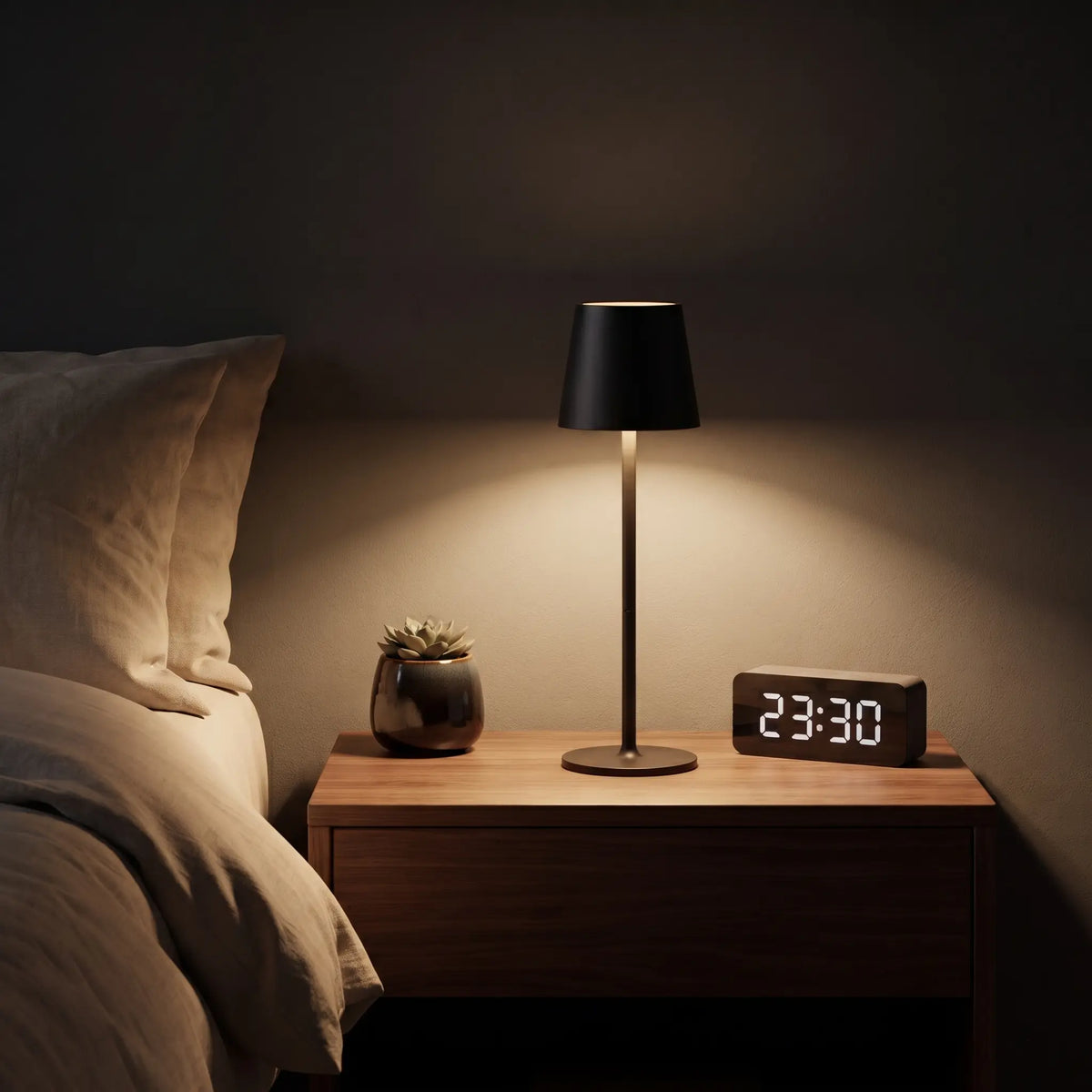 Aesthix Lume Poise rechargeable waterproof table lamp black finish bedroom nightstand succulent clock warm night light UK