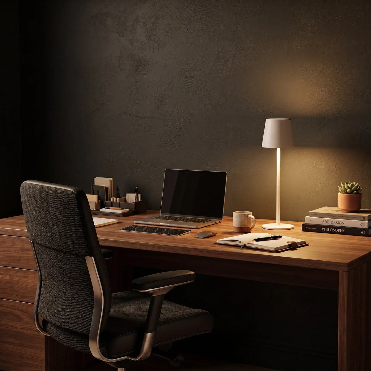 Aesthix Lume Poise rechargeable waterproof table lamp white finish wooden office desk laptop books succulent dark room UK