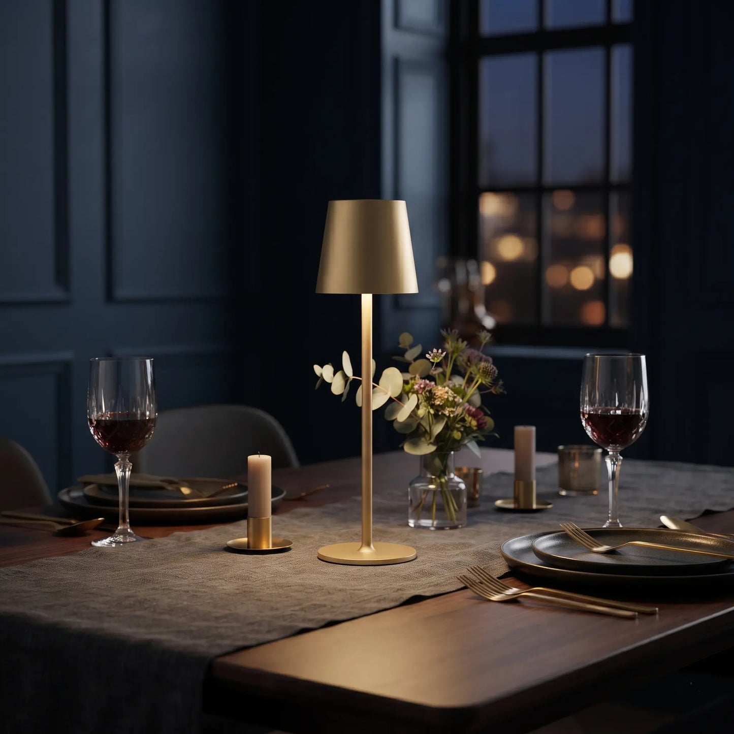Aesthix Lume Poise rechargeable waterproof table lamp gold finish romantic dining table wine glasses candles city view UK