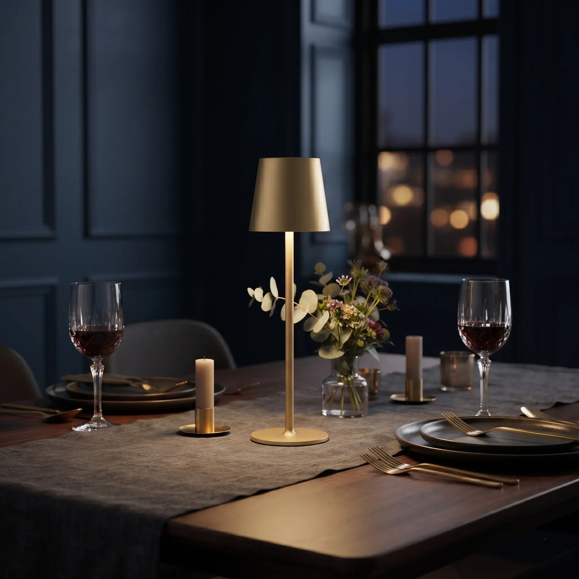 Aesthix Lume Poise rechargeable waterproof table lamp gold finish romantic dining table wine glasses candles city view UK