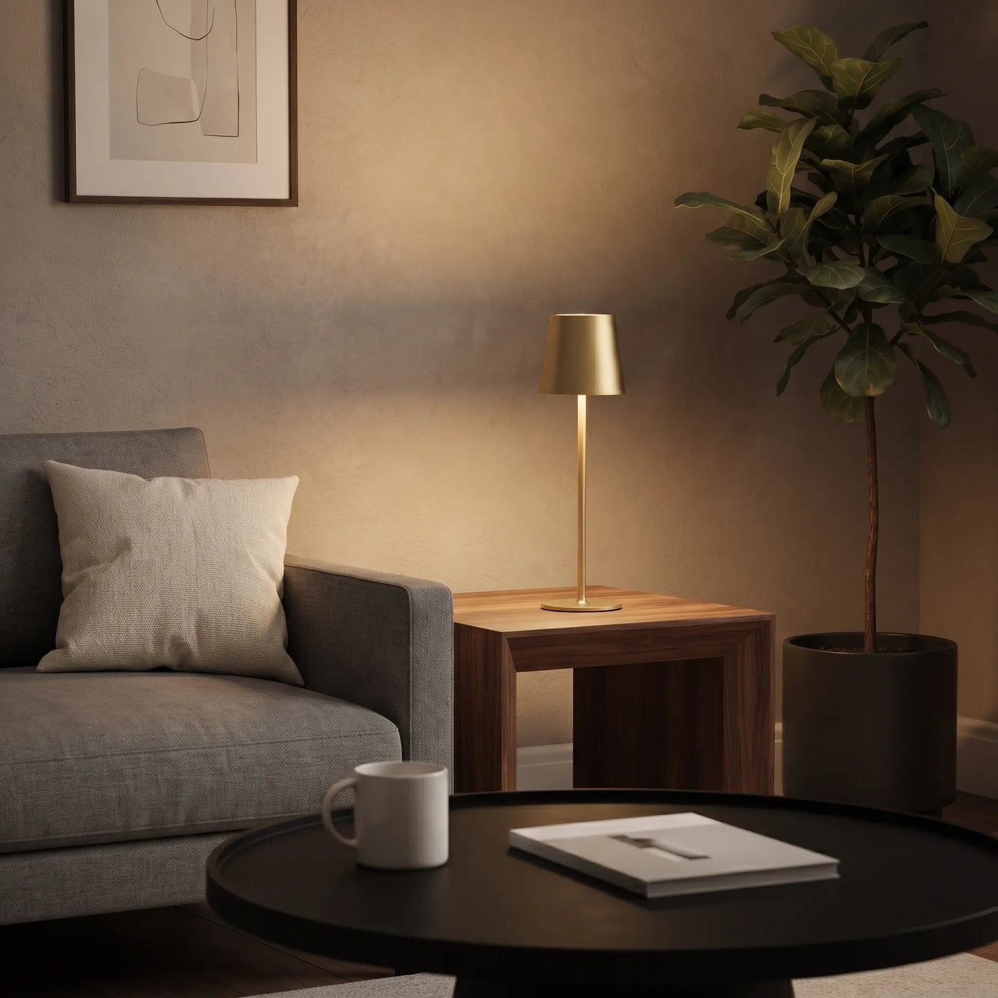 Aesthix Lume Poise rechargeable waterproof table lamp gold finish wooden side table sofa fiddle leaf tree living room UK