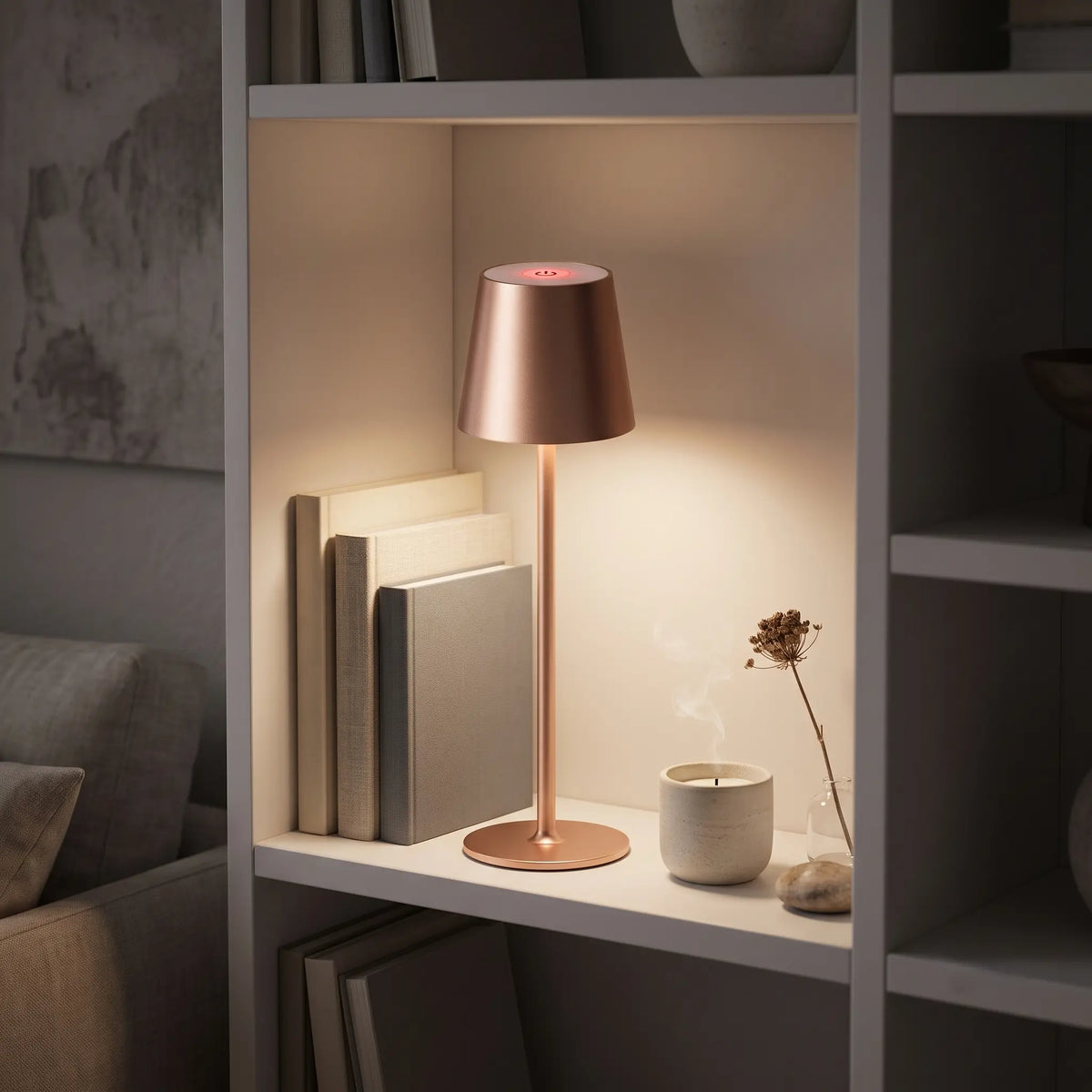 Aesthix Lume Poise rechargeable waterproof table lamp rose gold finish bookshelf books candle warm glow living room UK