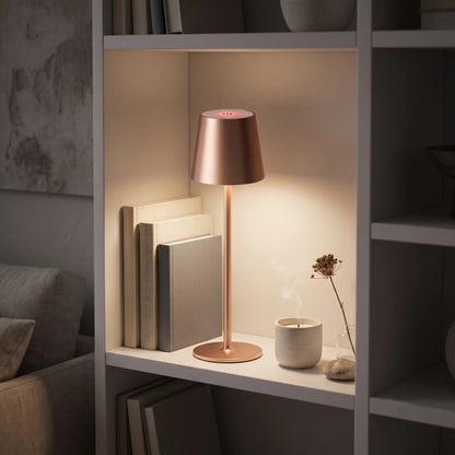 Aesthix Lume Poise rechargeable waterproof table lamp rose gold finish bookshelf books candle warm glow living room UK